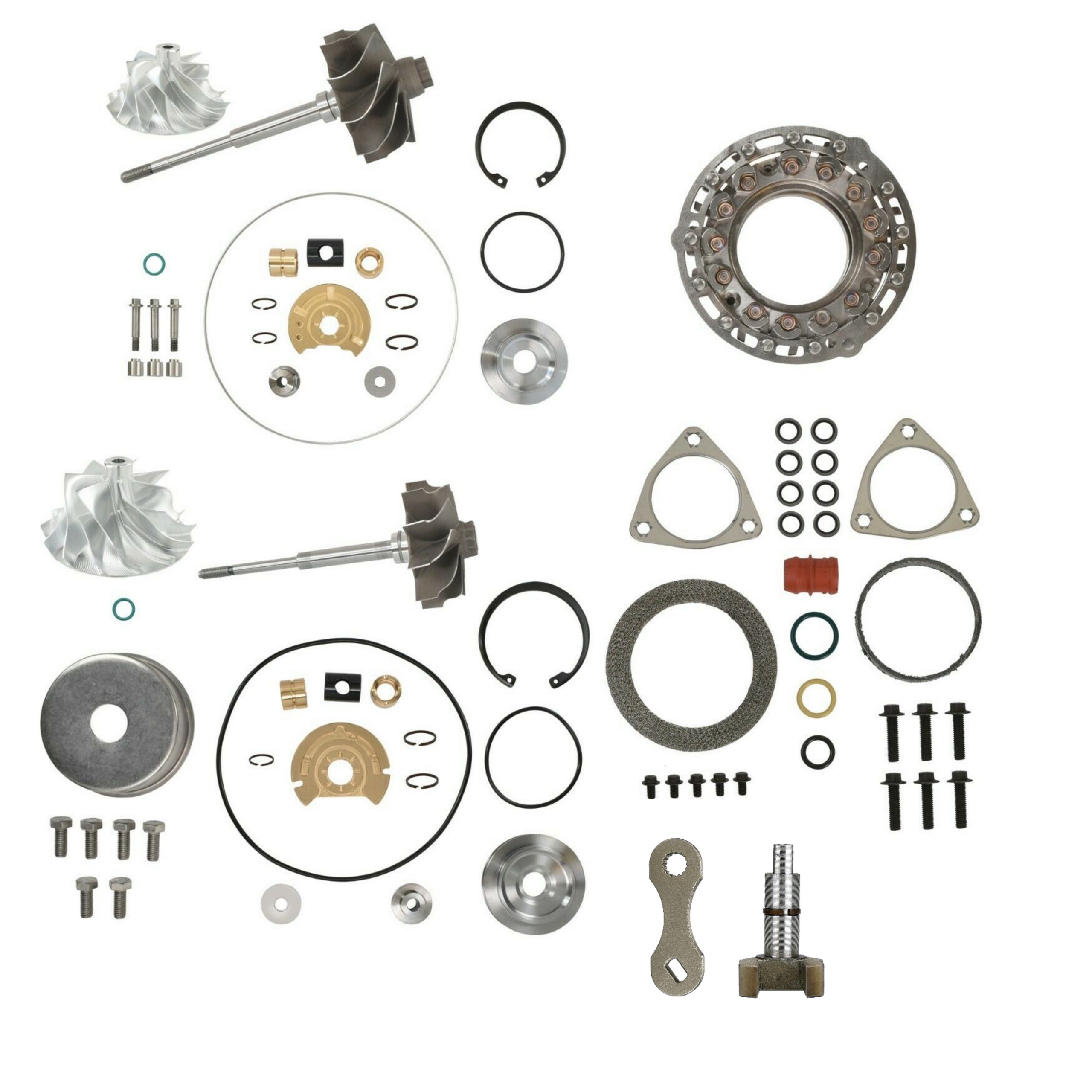 SPOOLOGIC Turbo Rebuild Kit Billet Wheels Turbine Shafts Unison Ring Actuator Rod Gaskets