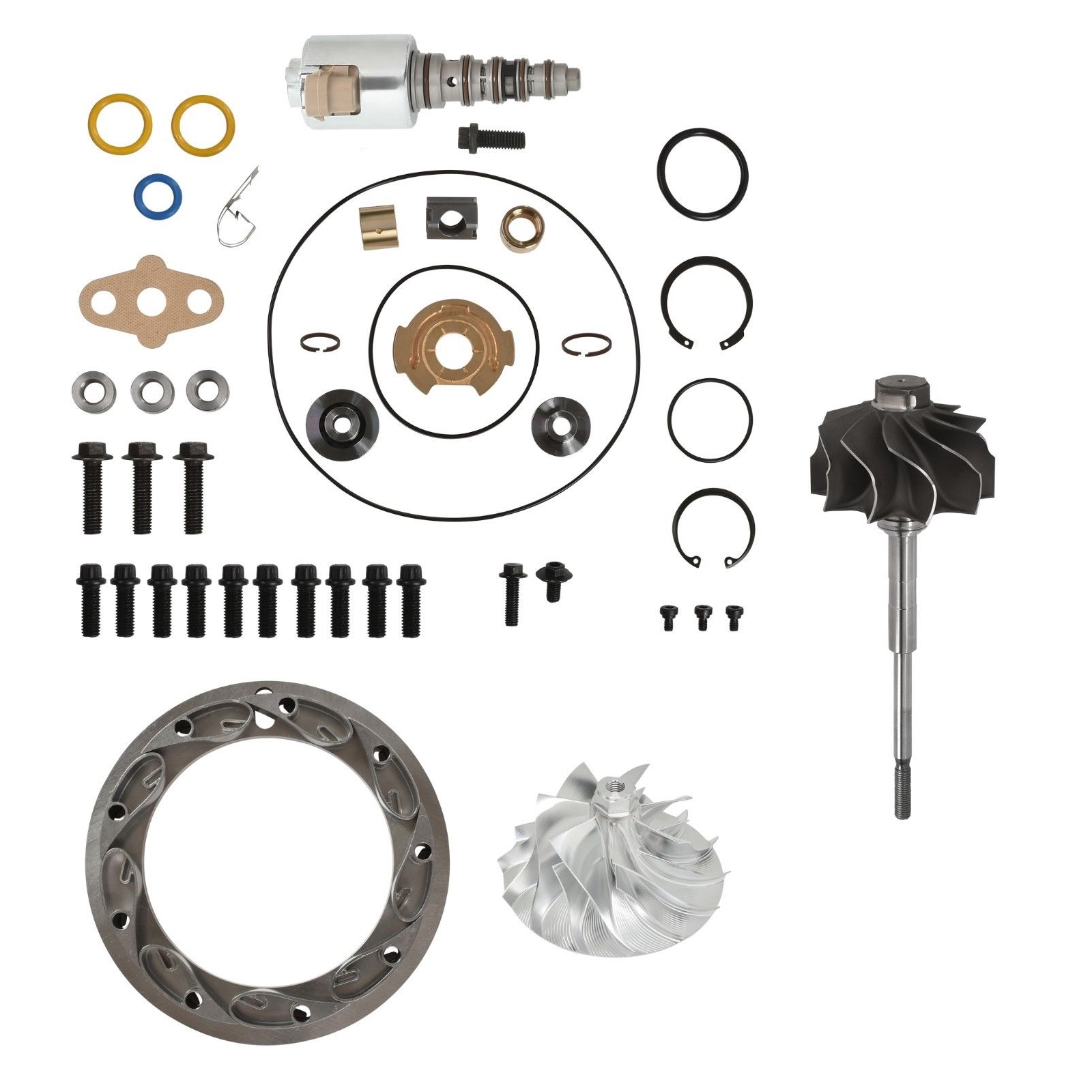 SPOOLOGIC Turbo Rebuild Kit Billet Wheel Turbine Shaft Unison Ring 15mm Vanes VGT Solenoid
